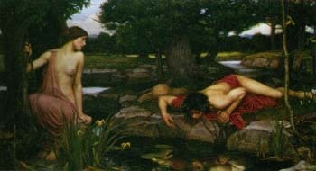 The ancient Greek myth of Narcissus tells the story of a beautiful young man who fell in love with his own reflection. So entranced by his image reflected in the water, he threw himself into the pool and drowned. The term "narcissistic," or conceited and self-centered, derives from this myth. The Bridgeman Art Library International Ltd.