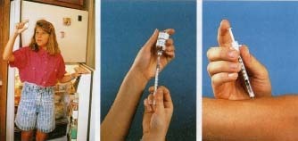 A girl with diabetes removes a vial of insulin from the refrigerator (left). The insulin is drawn out of the bottle with a small insulin syringe (center). The needle is thin and lubricated, so it hardly hurts at all when it goes in (right).