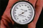 Closeup view of sphygmomanometer dial used to measure blood pressure. © 1994 Custom Medical Stock Photo