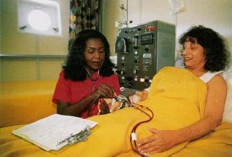 If nephrosis leads to kidney failure, dialysis may be necessary. Here a person on a cruise receives dialysis with the assistance of the ship nurse. © Jeff' Greenberg/IVisuals Unlimited.