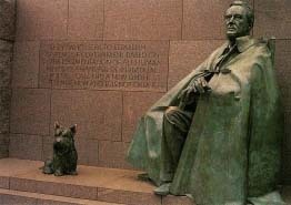 The Franklin Delano Roosevelt Memorial in Washington, D.C. FDR's pet scotty Fala sits at the foot of the wheelchair-bound president. UPI/Corbis-Bettmann.